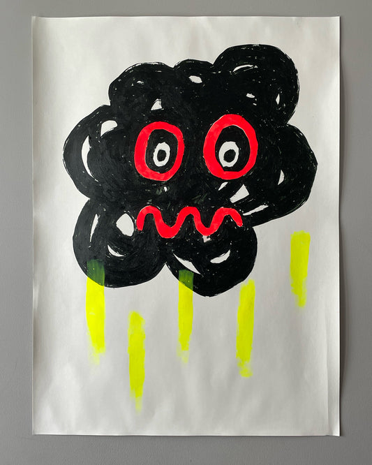 Elon Hiroshima artwork by ZeTrunk showing a black cloud character with red eyes and fluorescent yellow rain