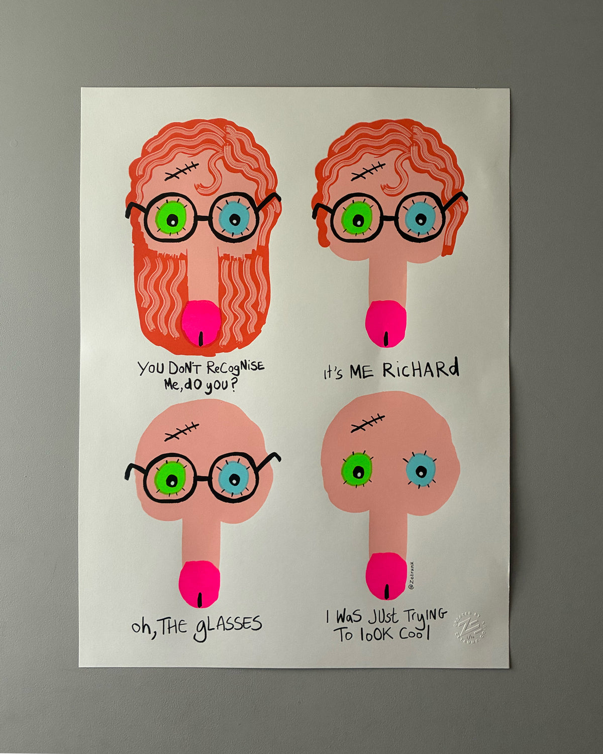 You Don’t Recognise Me, Do You? art print by ZeTrunk showing four illustrated testicles with expressions and captions